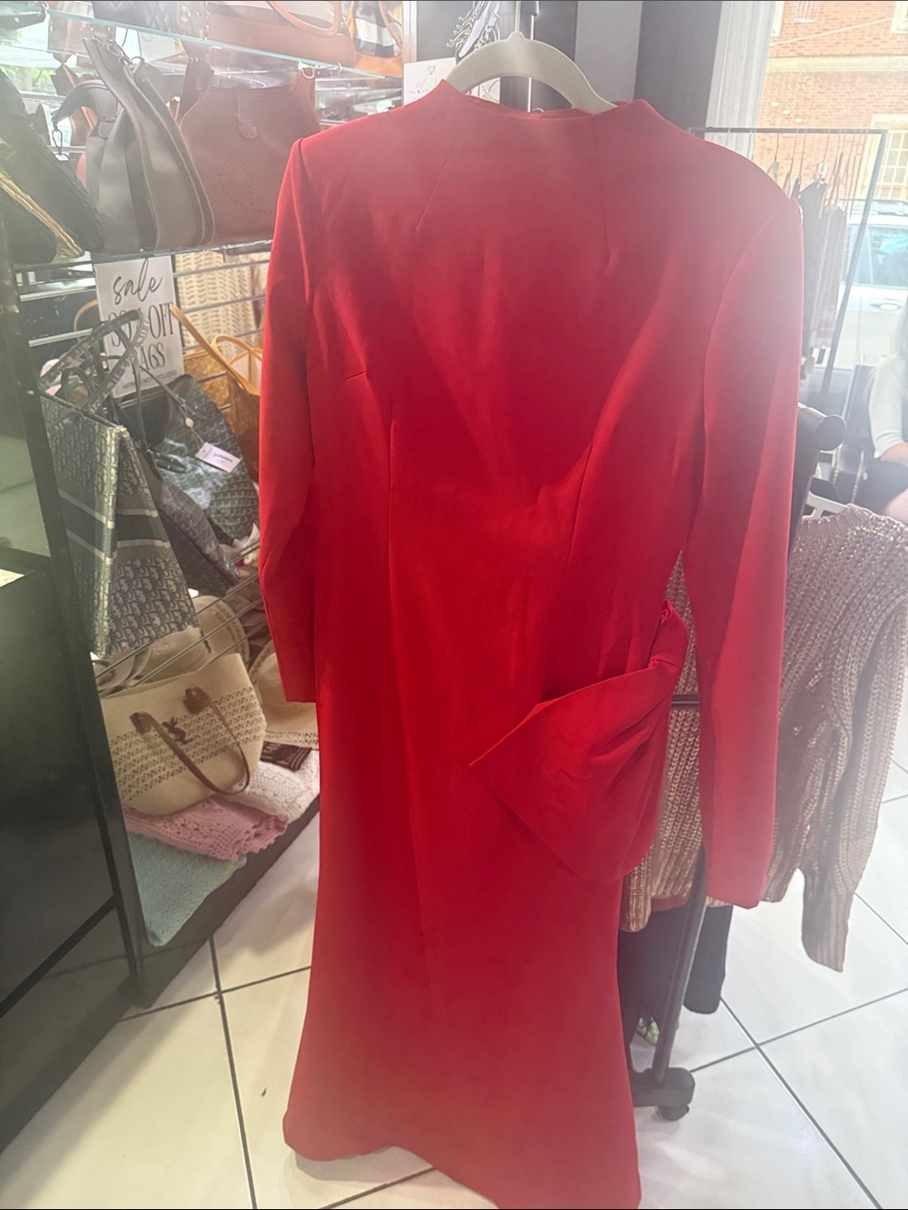 Classic Red Long-Sleeve Midi Dress with Side Fold Detail